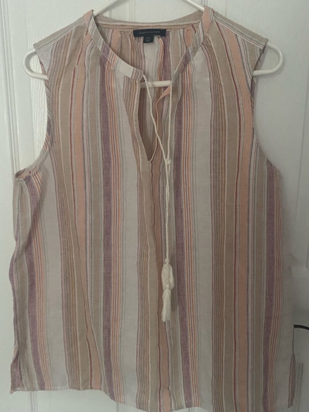 Tommy Hilfiger Striped Sleeveless Tassel Tie Tank in Cream, Tan & Pink